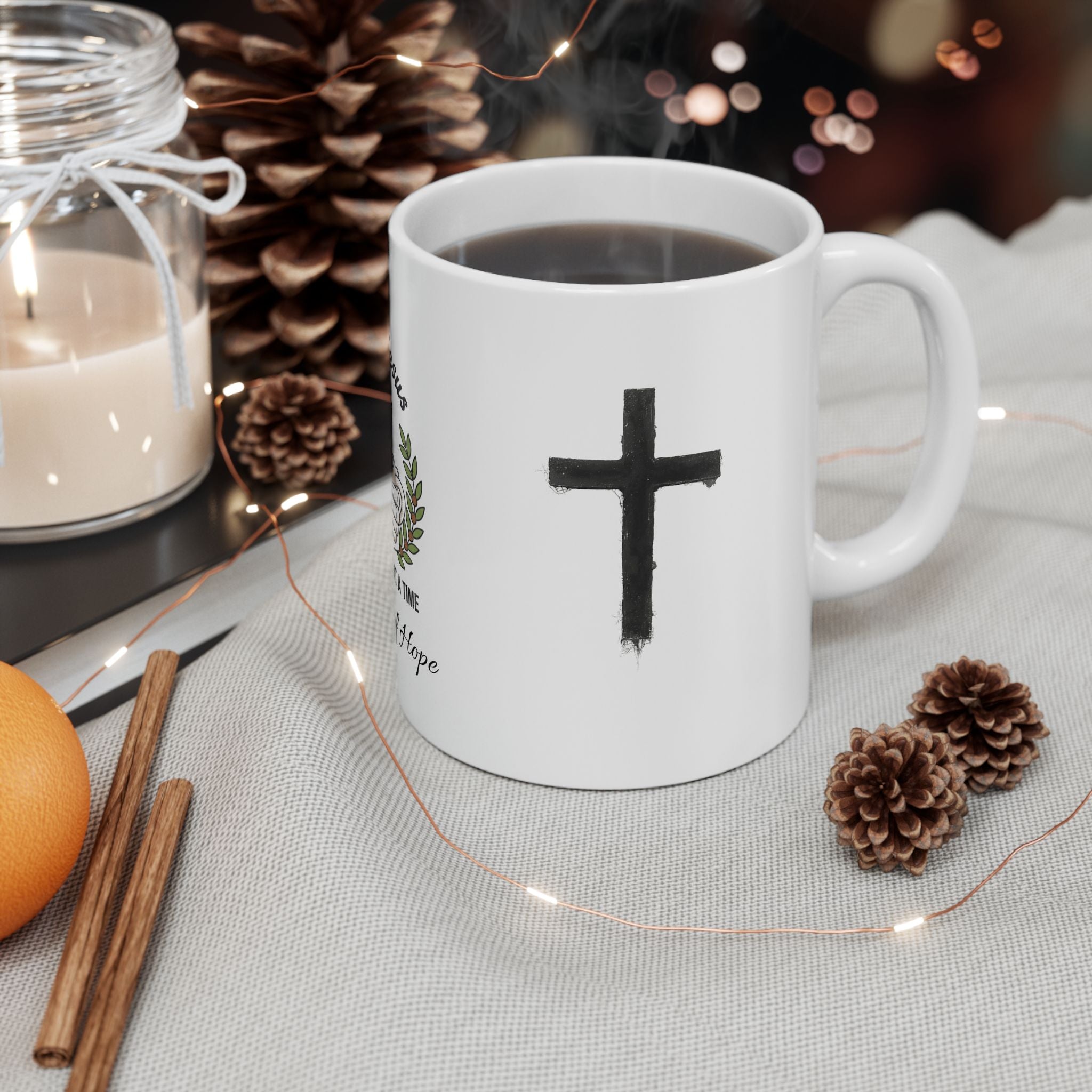 Helping Jesus Coffee Mug — "One Cup of Coffee at a Time" Inspirational Christian Gift (11oz, 15oz)